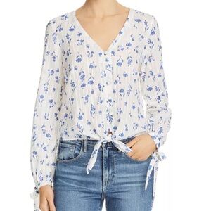 Parker Payton Illusion Stripe White Blue Floral Tie Front Blouse. Size Small